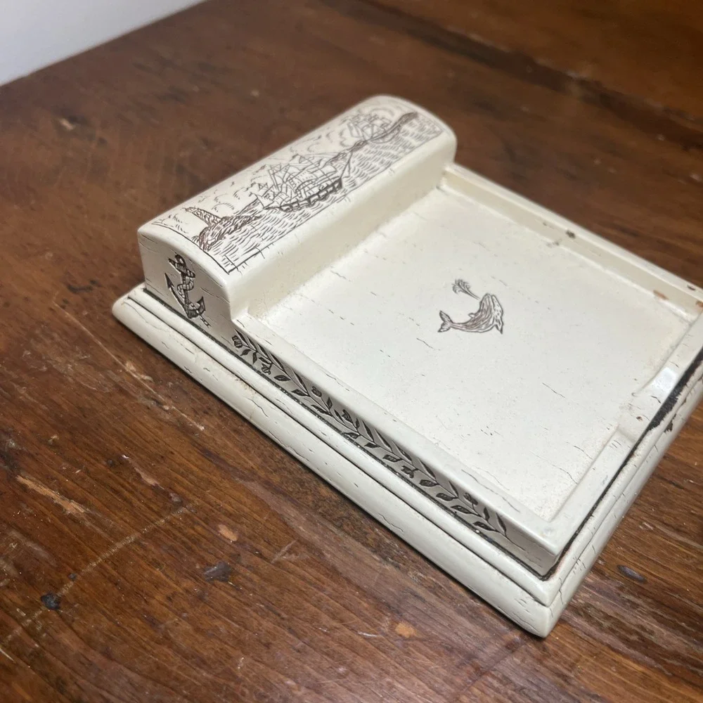 Vtg Sea Sail Boat Lighthouse Sperm Whale Faux Scrimshaw Notepad Holder Post-it